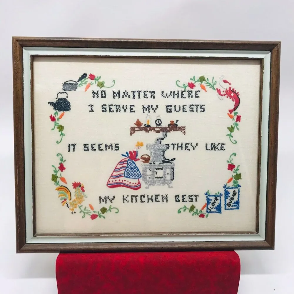 Vintage Framed Needlework Rustic Primitive Wall Decor 15 x 12 Inches